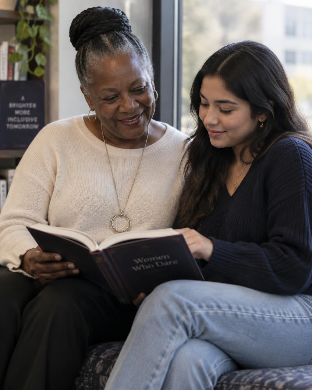 A mentor and a young woman reading a book together by a window