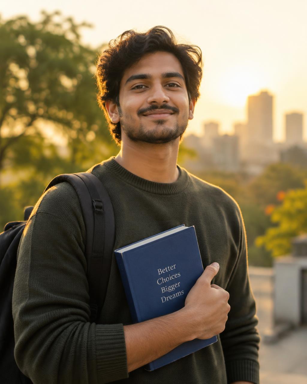 A confident young man holding a book outdoors at sunset