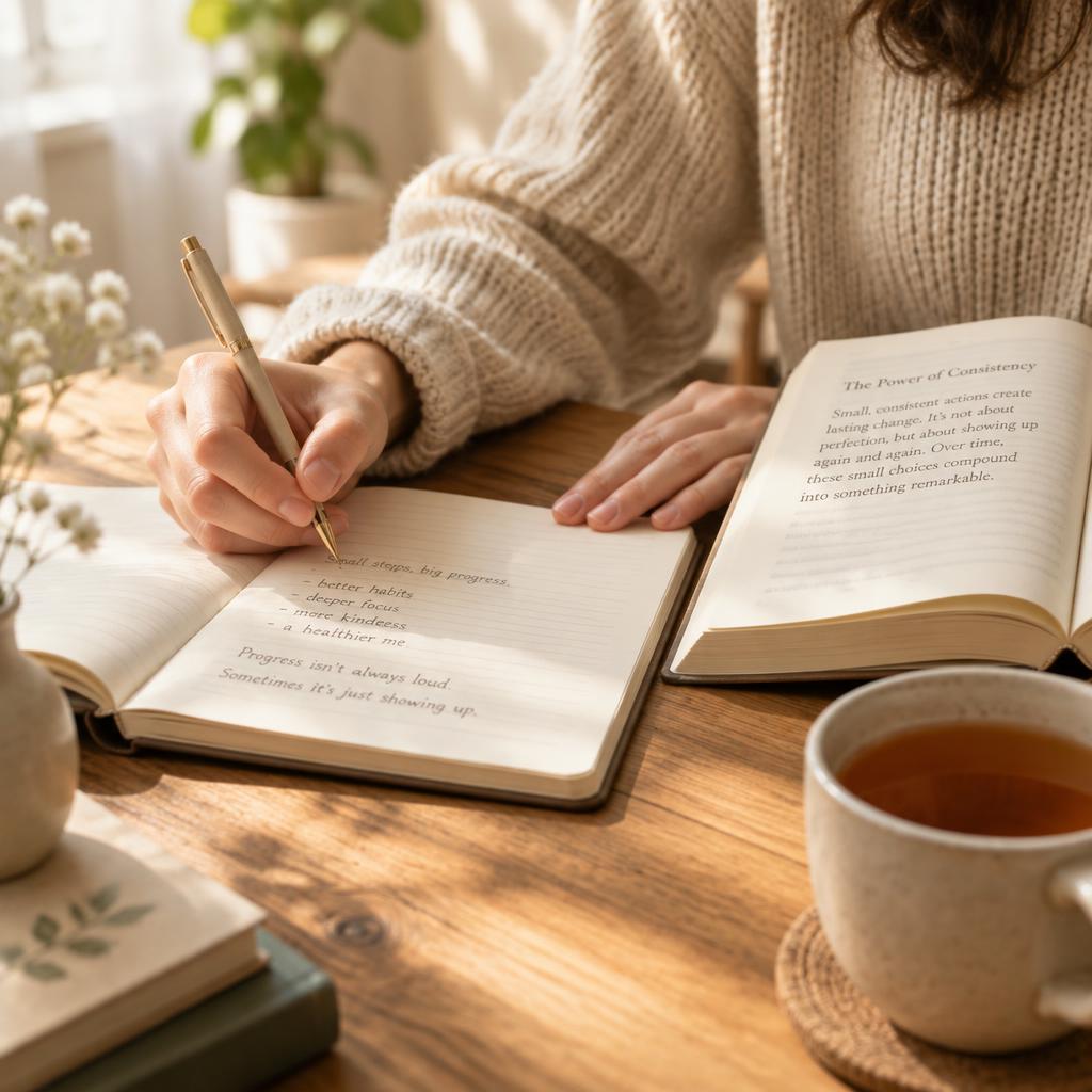 Hands writing notes beside an open book and a cup of tea